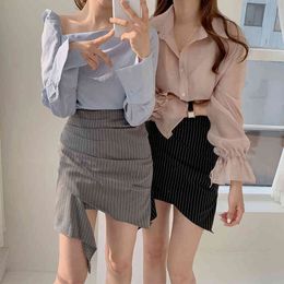 Asymmetrical S-Xl Plus Size Summer Short Skirts Korean Women High Waist School Girl Solid Vintage Skirt Ple 210417