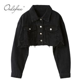 Ordifree Autumn Women Denim Jacket Fashion Streetwear Casual Loose Outwear Black Short Ripped Jeans Jacket Coat Cotton 211112