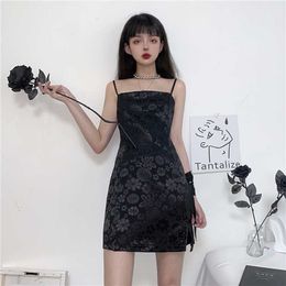 Summer Spaghetti Strap women fashion casual sexy punk gothic Slim large size Vintage ins split flowers dark streetwear dress 210608