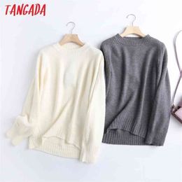 Tangada Women Fashion Elegant Beige Knitted Sweater Jumper O Neck Female Oversize Pullovers Chic Tops 6D24 210917