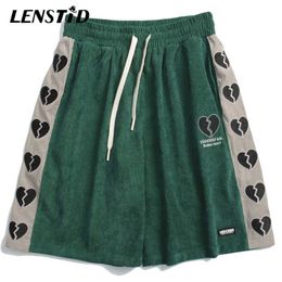 LENSTID Summer Men Corduroy Shorts Hip Hop Side Broken Heart Patchwork Harajuku Streetwear Casual Baggy Short Pant Male Trousers 210714