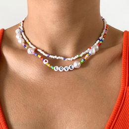 Chokers SHIXIN Bohemia Layered Colourful Pearl Beads Choker Necklace For Women Fashion Letter Necklaces 2021 Short Jewellery On Neck