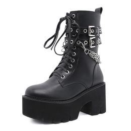 Women Chain Ankle Boots Ladies Woman Buckle Platform Chunky Lace Up Shoes Womens Leather Pumps Female Footwear Plus Size 42
