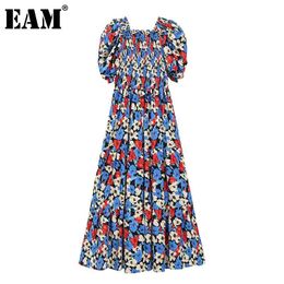 [EAM] Women Blue Printed Pleated Dress Square Neck Lantern Short Sleeve Loose Fit Fashion Spring Summer 1DD8551 21512