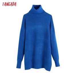 Tangada Women Vintage Blue Loose Casual Knitting Turtleneck Sweater Female Chic High Street Pullover Brand Tops BE75 211011