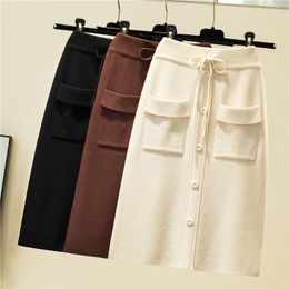 Elastic Knitting Skirt Women Korean Chic Lace up Pocket Solid A-line Skirts Autumn Winter Warm High Waist Sweater Skirt 210419