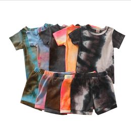 Baby Clothings Sets Pit Strip Tie-dye Suit Stripe Short Sleeve Sweatshirt + Breeches 2PCS/Set Boy Girl Kids Cotton Suits ZYY1004