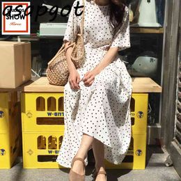 Retro White O Neck Short Sleeve Chiffon Polka Dot Dress Women Belt Summer Chic Korean Temperament Big Swing Vestidos Mujer 210429