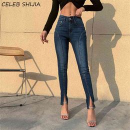 High Waist Skinny Jeans Stretch Dark Blue Denim Clothes Female Pencil Pants Plus Split for Woman Summer Trousers 210708