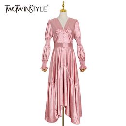TWOTWINSTYLE Elegant Tunic Pink Dress For Women V Neck Puff Long Sleeve High Waist With Sashes Irregular Hem Maxi Dresses Female 210517