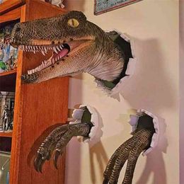 Wall Mounted Dinosaur Sculpture Art Life-like Bursting Bust Poster And Prints For Home 210811