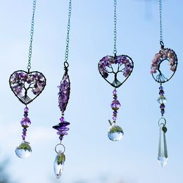 Natural stone Healing Spiritual Window Hanging Decor Amethyst Tree of Life Wall Hanging Chakra Prism Crystal Pendant Home Ornament