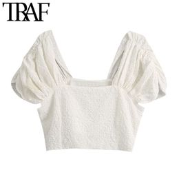 TRAF Women Fashion Textured Weave Cropped Blouses Vintage Square Collar Puff Sleeves Female Shirts Blusas Chic Tops 210415