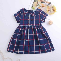 Summer Brand Baby Girl Dress Fashion Double Row Button Doll Collar Plaid Short-sleeved Girls' Clothing 210515