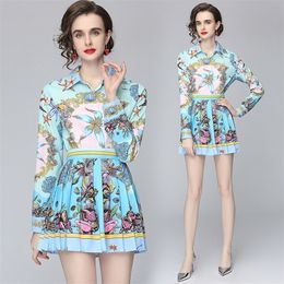 European and American ladies fashion print spring summer female casual shirt + pleated half skirt 2-piece set 220302