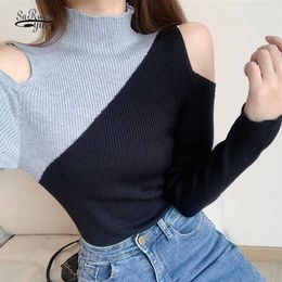 Contrast Off-shoulder Turtleneck Autumn Fashion Chic Knitted Sweaters Long Sleeve Pullover Plus Size Women Bottoming Shirt 12211 210508