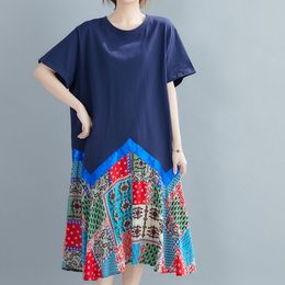 Women Royal Blue Big Size Contrast Color Spliced Irregular T-shirt Dress O-neck Short Sleeve Loose Fashion Summer 16F1340 210510