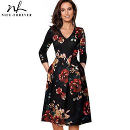 Nice-forever Vintage Solid Colour V neckline Pinup Pockets vestidos A-Line Business Party Female Flare Swing Women Dress A126 210419