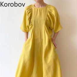 Korobov Summer Chic Sweet Women Dress Korean Solid High Waist Female Dresses Vintage Short Sleeve Robe Femme 2a709 210430