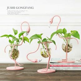 3 Types Pink Flamingo Shape Glass Tabletop Plant Bonsai Flower Wedding Christmas Decorative Metal Vase Home Decoration Accessory