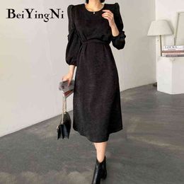 Beiyingni Suede Midi Dresses for Women Solid Color Sashes Black Long Sleeve Korean Style A-line Dress Women Vintage Vestidos Y1204