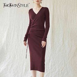 TWOTWINSTYLE Drawstring Black Knitted Dress For Women V Neck Long Sleeve High Waist Midi Dresses Female Fashion Clothing 210517