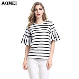 Women Ruffles Sleeve Casual T Shirt Striped Black and White O Neck Summer Spring T-shirt Woman Clothes Tee Shirts Tops 210416