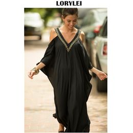 Sexy Cold Shoulder V Neck Bats Sleeve Loose Summer Beach Dress Plus Size Women Beachwear Kaftan Black Cotton Dress Q943 210409