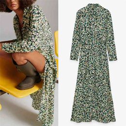 Vintage Foral Print Midi Dress Woman Autumn Long Sleeve Lapel Collar Waist Ruched Women Button Up Elegant es 210519