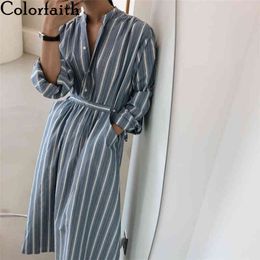 Colorfaith New Women Autumn Winter Shirt Dresses Casual Striped Stand Collar Oversize Pockets Lace Up Long Dress DR7609 210413