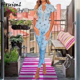 Jumpsuit Fall Clothes for Women Fashion Sexy Summer Print Romper Short Sleeve Zipper Bodysuit Overalls Outfits 210513