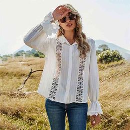 Fashion shirt summer tops spring hollow lace splicing trumpet sleeve long sleeve women's white shirt Vintage blouse women 210514