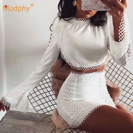 Autumn Lace White Bodycon Set Sexy O-neck Long Sleeve Hollow Short Top + Mini Skirt Party Club 2 Two-piece Suit 210527