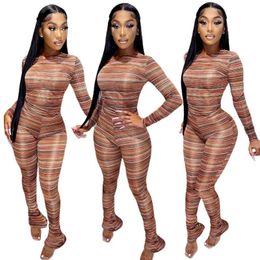 Women's Two Piece Pants Fall Spring Multicolor Striped Set Long Sleeve Tee And Flare Legging Tracksuit Fitness Outfits