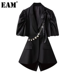 [EAM] Women Waist Hollow Out Pleated Chains Blazer Dress Lapel Half Sleeve Loose Fit Fashion Spring Summer 1DD8508 210512