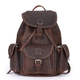 Vintage Crazy Horse Genuine Leather Backpack Leather travel Backpack School Bag male Rucksack Bagpack Brown