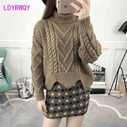 autumn and winter Korean version of loose high neck twist women's knitted bat sweater thick line top 210416