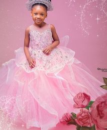 2021 Pink Sheer Neck Flower Girl Dresses Lace Crystals Beaded Ball Gown Tulle Lilttle Kids Birthday Pageant Weddding Gowns ZJ0465