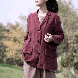 Johnature Women Vintage Cotton Linen Jackets Solid Colour Button Long Sleeve Coats Spring Patchwork Pockets Jackets Coat 210521