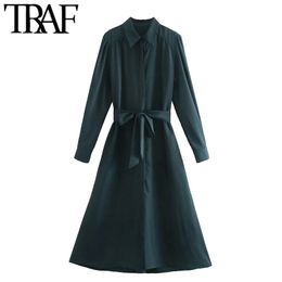 TRAF Women Chic Fashion With Belt Cosy Midi Shirt Dress Vintage Long Sleeve Button-up Female Dresses Vestidos Mujer 210415