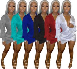Tasarımcı Kadın Gömlek Uzun Kollu Saten Elbise Bodysuit İnce Seksi Derin V Düşük Kesim Pileli Elbiseler Bayanlar Moda Etek Gece Kulübü Giyim 8610