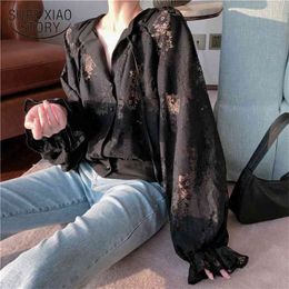 Office Lady Long Floral Shirts Spring Autumn Lantern Sleeve Lace Blouse For Women Black Female Clothing 12691 210415