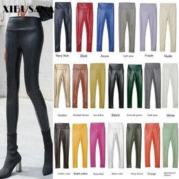 XIBUSANA Women's Pu Leather Pant 2020 Autumn Winter Multi Color Stretch High Waist Plus Velvet Slim Skinny Pants Woman Leggings Q0801