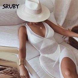 SRUBY White Sexy Beach Dress Women Hollow Out Backless Cover Up Knitted Maxi Dresses Summer See Through Side Split Sexy Dress 210915