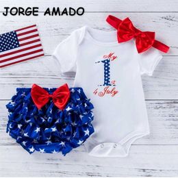 Summer Baby Girls 3-pcs Sets Letter T-shirt Bodysuit + Shorts Headwear Outfits Children Jumpsuit E017 210610