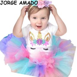 Baby Girl Birthday Clothes Unicorn Cotton T-shirts+Colourful Gauze Cake Skirts+Headbands 3 Pcs set Christmas Clothing E20900 210610