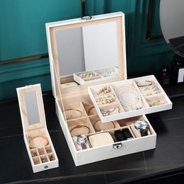 Storage Boxes Bins Square Jewellery Box With Lock Big Mirror Jewellery Organiser PU Leather Case Ring Earring Necklace Ear Stud Display