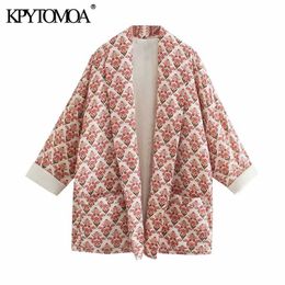 KPYTOMOA Women Fashion With Pockets Floral Print Kimono Jacket Coat Vintage Three Quarter Sleeve Female Outerwear Chic Tops 211014