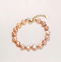 Handmade natural 7-8mm pink baroque freshwater pearl golden accessories clasp extended chain bracelet long 16+4cm