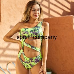 2021 One Piece Bikinis Women Hollow Out One Shoulder Swimwear Female Summer Green Printing Beach Swimsuits
